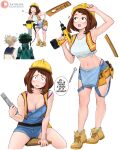  1boy 2girls ? absurdres alternate_costume arm_up artist_name blonde_hair blue_overalls blue_sailor_collar bodysuit boku_no_hero_academia boots bra breasts brown_eyes brown_hair cleavage crop_top denim_overalls dismaiden double_bun english_commentary english_text green_bodysuit green_hair hair_bun hard_hat helmet high-visibility_clothing high-visibility_vest highres holding_ruler jackhammer large_breasts looking_at_viewer messy_hair midoriya_izuku multiple_girls multiple_views navel open_mouth overalls patreon_username pink_bra power_drill sailor_collar shirt simple_background sitting speech_bubble standing teeth toga_himiko tool_belt tools underwear uraraka_ochaco white_background white_shirt yellow_boots 