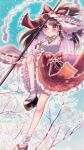  1girl absurdres alternate_costume blush bow breasts brown_eyes brown_hair cherry_blossoms closed_mouth commentary_request detached_sleeves frilled_bow frilled_hair_tubes frilled_skirt frills gohei hair_bow hair_tubes hakurei_reimu highres holding holding_gohei konpota_(pixiv_113398422) long_hair looking_at_viewer platform_sandals red_bow red_skirt ribbon-trimmed_sleeves ribbon_trim sandals signature skirt smile socks solo tabi touhou white_socks 
