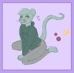 anonymous_artist biizziiy blush bottomwear clothing femboy green_clothing green_topwear grey_bottomwear grey_clothing grey_pants inner_ear_fluff looking_at_viewer male male/male mammal meme meme_clothing mouse murid murine pants rodent solo spiral_eyes tongue tongue_out topwear tuft