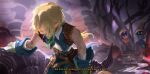  1girl 2boys absurdres belt black_mage_(final_fantasy) blonde_hair blue_coat blue_vest blue_wrist_cuffs bow brown_belt coat cropped_vest eiko_carol english_text final_fantasy final_fantasy_ix gloves grey_gloves hair_over_eyes hat highres horns hozure low_ponytail multiple_belts multiple_boys parted_bangs ponytail purple_hair shirt short_hair_with_long_locks single_horn sleeveless sleeveless_shirt subtitled vest vivi_ornitier white_shirt wizard_hat wrist_cuffs yellow_bow yellow_eyes zidane_tribal 