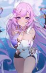  1girl absurdres arms_behind_back bell black_shorts blue_sky breasts chinese_commentary cleavage commentary_request corset elysia_(herrscher_of_human:_ego)_(honkai_impact) elysia_(honkai_impact) highres honkai_(series) honkai_impact_3rd large_breasts long_hair looking_at_viewer micro_shorts ni_shang purple_hair shorts sky smile solo thighs triquetra very_long_hair white_corset 