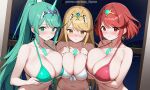  3girls aegis_elysium ai-generated bikini blush breasts breasts_squeezed_together cleavage dress earrings elbow_gloves gem gloves grabbing_another&#039;s_breast green_eyes green_hair groping hair_ornament headpiece holding huge_breasts indoors jewelry large_breasts long_hair looking_at_viewer multiple_girls mythra_(xenoblade) navel night night_sky nintendo patreon_username pneuma_(xenoblade) pyra_(xenoblade) red_eyes sky standing star_(sky) starry_sky swept_bangs swimsuit thighhighs third-party_edit tiara trio_focus very_long_hair watermark window xenoblade_chronicles_(series) xenoblade_chronicles_2 yellow_eyes 