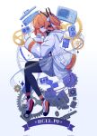  1girl a.i._voice adachi_rei amplifier animal_ears belt black_thighhighs blue_background cassette_tape corrupted_twitter_file disposable_camera engine fetal_position full_body gears gloves gradient_background grey_skirt hair_ribbon highres hood hooded_jacket jacket leaning_to_the_side long_sleeves mei_(meiday_mise) mouse_ears open_clothes open_jacket orange_belt orange_hair paper paper_boat pleated_skirt ribbon shoelaces shoes side_ponytail skirt sneakers solo thighhighs utau white_background white_gloves white_jacket white_shoes 