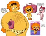 afro anthro bear belly body_hair boombox chest_hair clothing disco_bear_(htf) eyewear fur grin hair hairy male mammal orange_hair overweight smile speedo sunglasses swimwear yellow_body yellow_fur zleepysnailz
