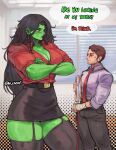  1boy 1girl absurdres animification black_hair breasts colored_skin gabriel_ales garter_straps green_eyes green_hair green_lips green_skin highres jennifer_walters long_hair marvel matt_murdock muscular muscular_female she-hulk smile thighhighs 