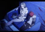  2boys absurdres ahoge aotsuki_eito black_gloves black_pants black_shoes blood blood_on_knife blood_on_wall blue_eyes book book_stack brick_wall couch drawstring feet_on_table gloves grey_hair grey_jacket highres hood hooded_jacket hoodie indoors jacket knife letterboxed looking_at_viewer male_focus multiple_boys on_couch open_clothes open_jacket pants red_hair shoes spoilers sumino_takumi the_hundred_line_-last_defense_academy- thigh_strap white_hoodie white_jacket white_pants ziling 