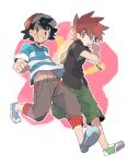  2boys ash_ketchum baseball_cap belly black_hair black_shirt brown_eyes brown_hair flower gary_oak green_eyes green_shorts hat jewelry multiple_boys navel necklace pokemon pokemon_(anime) pokemon_sm_(anime) red_hat running shirt shorts simple_background smcms-m spiked_hair striped_clothes striped_shirt t-shirt 