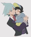  1boy 1girl black_hair blush_stickers carrying closed_eyes closed_mouth collared_shirt eyelashes gloves jacket jewelry long_sleeves mei_(manjunii) necktie pantyhose pleated_skirt pokemon pokemon_oras pokemon_sv poppy_(pokemon) ring shirt short_hair simple_background skirt smile steven_stone vest white_background white_shirt yellow_pantyhose 
