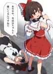  2girls black_hair black_skirt blush bow camera detached_sleeves female_pervert hair_bow hakurei_reimu hat highres holding holding_camera implied_pantyshot lying medium_hair multiple_girls necono_(nekonosora1207) on_ground pervert red_bow red_eyes red_shirt red_skirt shameimaru_aya shirt skirt sleeveless sleeveless_shirt tokin_hat touhou white_shirt wide_sleeves 