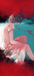  1girl blood_in_water color_contrast commentary_request dissolving dress dying feet_out_of_frame from_side futami_jun hair_over_face highres original partially_underwater_shot red_ribbon refraction ribbon short_hair short_sleeves solo water white_dress 