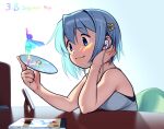  1girl alternate_costume bare_arms bare_shoulders bean_bag_chair black_bra blue_background blue_eyes blue_hair bra casual cd cd_case character_name closed_mouth commentary dated dot_nose earbuds earphones elbows_on_table english_commentary english_text figure gloamy gradient_background grey_tank_top hair_between_eyes hair_ornament hairclip highres holding_cd imagining indoors lens_flare lips listening_to_music looking_at_object mahou_shoujo_madoka_magica mahou_shoujo_madoka_magica_(anime) miki_sayaka on_chair picture_frame pink_lips shadow short_hair sitting smile solo tank_top tareme underwear upper_body white_background 