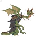  1boy armor barmaglotik book container dragon full_body hat highres holding holding_reins horns logo original reins riding saddle saddlebags simple_background tongue white_background witch_hat wooden_box 