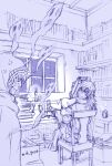  1boy 1girl anger_vein angry bad_id bad_pixiv_id book book_stack candle chair closed_mouth commentary cup desk feet_on_table fire_emblem fire_emblem:_the_binding_blade flying_sweatdrops ghost grandmother_and_grandson greyscale holding holding_book hugh_(fire_emblem) inagi indoors looking_at_another medium_hair monochrome mug nervous_sweating niime_(fire_emblem) pillow shaded_face sitting sketch smile sweat twitter_username window 