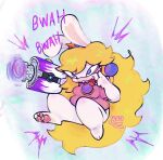2025 3_toes 4_fingers :3 amethyst_(gem) anthro artist_name blonde_hair blue_ear_piercing blue_eyes bottomless bottomless_anthro bottomless_female breasts buckteeth clothed clothed_anthro clothed_female clothing colored crossover crown dialogue digital_drawing_(artwork) digital_media_(artwork) eyelashes eyelashes_through_hair eyelid_pull eyelid_pull_taunt feet female female_anthro fingers full-length_portrait gem gesture gun hair headgear hi_res holding_gun holding_object holding_ranged_weapon holding_weapon lagomorph light lighting long_ears long_hair mammal mario_bros mario_plus_rabbids_kingdom_battle midair multicolored_body nintendo no_eyebrows no_pupils pawpads pink_clothing pink_pawpads pink_shirt pink_topwear portrait rabbid rabbid_peach ranged_weapon raving_rabbids rayman_(series) red_tongue shaded shirt shooting_gun sillyhog simple_background smile solo tan_body tan_inner_ear tan_skin taunting teeth text toes tongue tongue_out topwear translucent translucent_hair two_tone_body ubisoft weapon
