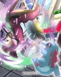  artist_name bright_pupils building closed_mouth day grumpido highres looking_back mawile mega_mawile mixed-language_commentary open_mouth outdoors pokemon pokemon_(creature) pokemon_focus purple_eyes red_eyes standing teeth totodile watermark white_pupils 