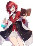  1girl :d absurdres ange_katrina ange_katrina_(1st_costume) black_coat blue_eyes book breasts cardigan coat commentary_request crossed_bangs dress eyelashes feet_out_of_frame flask hair_between_eyes hair_intakes hair_ornament hands_up highres holding holding_book inumoto light_blush long_sleeves looking_at_viewer nijisanji off_shoulder open_book open_mouth red_cardigan red_hair round-bottom_flask short_dress short_hair simple_background small_breasts smile solo teeth triangle_hair_ornament upper_teeth_only virtual_youtuber white_background white_dress 