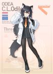  1girl absurdres animal_ear_fluff animal_ears biohazard_symbol black_boots black_gloves black_hair black_pantyhose black_shirt black_skirt black_tail boots cat_girl character_name clothes_writing coat collared_shirt dutch_flag english_commentary english_text fang fingerless_gloves flag food-themed_hair_ornament full_body gloves gradient_background hair_ornament hand_up highres jerry_wang lab_coat long_hair long_sleeves necktie open_clothes open_coat open_mouth orange_hair orange_hair_ornament orange_necktie original pantyhose pleated_skirt shirt simple_background skin_fang skirt sleeves_past_wrists solo standing tail tie_clip white_coat 