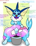 2024 artist_name black_nose blue_body blue_countershading blue_eyes blue_markings bodily_fluids bucket collar colored container countershade_crotch countershading dialogue ear_frill eeveelution english_text female female_feral feral frill_(anatomy) front_view generation_1_pokemon genitals glistening glistening_body handpaw head_crest head_frill hi_res leg_markings looking_down_at_self markings max_(pomiart) neck_frill nintendo nude open_mouth open_smile paws pokeball pokeball_collar pokemon pokemon_(species) pomiart purple_body purple_sclera pussy quadruped semi-anthro simple_background sitting sitting_on_object smile socks_(marking) solo spread_legs spreading suds sweat tail tail_frill text thick_thighs vaporeon washcloth