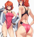  1girl armpits ass back_cutout bare_shoulders blush breasts brown_gloves clothing_cutout commission competition_swimsuit contrapposto covered_navel fingerless_gloves gloves gradient_hair grey_jacket highleg highleg_one-piece_swimsuit highres ibis_douglas jacket looking_at_viewer medium_breasts multicolored_hair multicolored_swimsuit multiple_views off_shoulder one-piece_swimsuit open_clothes open_jacket orange_hair pink_eyes pink_hair pink_one-piece_swimsuit pixiv_commission short_hair signature simple_background super_robot_wars super_robot_wars_original_generation swimsuit thighs white_background yoo_tenchi 