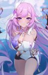  1girl absurdres arms_behind_back bell black_shorts blue_sky breasts chinese_commentary cleavage commentary_request corset elysia_(herrscher_of_human:_ego)_(honkai_impact) elysia_(honkai_impact) highres honkai_(series) honkai_impact_3rd large_breasts long_hair looking_at_viewer micro_shorts ni_shang purple_hair shorts sky smile solo thighs triquetra very_long_hair white_corset 