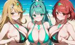  3girls aegis_elysium ai-generated bikini blush breasts breasts_squeezed_together cleavage core_crystal day dress earrings elbow_gloves gem gloves grabbing_another&#039;s_breast green_eyes green_hair groping hair_ornament headpiece holding huge_breasts indoors jewelry large_breasts long_hair looking_at_viewer multiple_girls mythra_(xenoblade) navel nintendo ocean patreon_username pneuma_(xenoblade) pyra_(xenoblade) red_eyes sand seaside standing swept_bangs swimsuit third-party_edit tiara trio_focus very_long_hair water watermark xenoblade_chronicles_(series) xenoblade_chronicles_2 yellow_eyes 