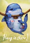 1boy absurdres character_name collar derivative_work english_commentary english_text fins fish_tail hang_in_there_(meme) highres holding holding_rope jeff_the_land_shark looking_to_the_side marvel marvel_rivals meme name_tag neo_jpeg pawpads rope sad shark_fin shark_tail tail 