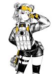  1girl absurdres arena_breakout bullpup commentary_request cowboy_shot double_bun ear_protection f4_u girls&#039;_frontline gloves goggles goggles_on_head gun hair_bun hand_up highres leaning_forward light_smile load_bearing_vest long_sleeves official_alternate_costume p90 p90_(girls&#039;_frontline) p90_(phantasmal_vanguard)_(girls&#039;_frontline) parted_lips red_eyes russian_commentary shorts simple_background solo spot_color standing submachine_gun tactical_clothes thigh_strap two-tone_gloves v weapon white_background yellow_gloves 