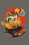 2022 absurd_res anthro black_bracelet blue_shell bowser bracelet breath_powers car claws crazydrak dated driving dust elemental_manipulation fire fire_breathing fire_manipulation green_body green_shell hair hi_res inside_car inside_vehicle jewelry koopa male mario_bros muscular muscular_anthro muscular_male nintendo open_mouth overweight overweight_anthro overweight_male red_eyes red_hair scalie shell signature simple_background sitting solo spiked_bracelet spikes tan_body vehicle white_claws yellow_body