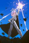  1girl ahoge alternate_costume armor blue_archive blue_eyes blue_hair cape casting_spell from_below hair_between_eyes hair_ornament hand_on_own_hip long_hair looking_at_viewer multicolored_hair okashi_please one_eye_closed open_mouth pink_hair plate_armor purple_cape reisa_(blue_archive) sidelocks solo star_(symbol) star_hair_ornament two-tone_hair white_armor 