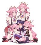  5girls animal_ears black_eyes blood blush breasts bridal_gauntlets cleavage closed_eyes fox_ears genshin_impact heart highres hug japanese_clothes kimono large_breasts long_hair multiple_girls nonons nontraditional_miko nosebleed open_mouth pink_hair purple_hair purple_kimono raiden_shogun sideboob simple_background twitter_username white_background yae_miko yae_miko_(fox) yuri 