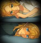  1boy 1girl blue_eyes breasts cleavage collarbone didi_en_ilu green_eyes hetero highres link looking_at_another lying medium_breasts medium_hair on_side parted_bangs pointy_ears princess_zelda shirt short_hair sweatdrop the_legend_of_zelda the_legend_of_zelda:_tears_of_the_kingdom upper_body vignetting white_shirt wide-eyed 