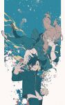  2boys animal arm_up black_hair black_jacket black_pants blue_eyes cowboy_shot cursed_spirit_(jujutsu_kaisen) fingernails floating floating_hair grey_hair hair_over_one_eye head_rest highres jacket jellyfish jujutsu_kaisen long_hair long_sleeves looking_at_another mahito_(jujutsu_kaisen) male_focus mim_(mimya0600) multiple_boys one_eye_covered open_mouth pants shirt shoes stitched_arm stitched_face stitched_wrist stitches white_shirt white_shoes yoshino_junpei 