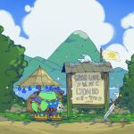  albabg animal bag bird bracelet cloud cloudy_sky day english_text fantasy flag frog_boy full_body grass grog_the_frog highres holding holding_skull jewelry mountain original outdoors pants poster_(object) rock shoes short_sleeves skull sky standing toon_(style) tree umbrella weapon 