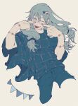  1boy :p arms_up black_pants black_shirt cropped_legs cursed_spirit_(jujutsu_kaisen) double-parted_bangs floating_hair grey_background grey_eyes grey_hair hair_between_eyes hair_ornament highres jujutsu_kaisen long_hair looking_at_viewer mahito_(jujutsu_kaisen) male_focus mim_(mimya0600) one_eye_closed pants sanpaku shirt simple_background solo stitched_arm stitched_face stitched_neck stitched_wrist stitches string_of_flags tongue tongue_out 