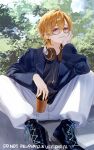  1boy absurdres aventurine_(honkai:_star_rail) black_jacket black_shirt black_shoes blonde_hair cup earrings glasses hair_between_eyes headphones headphones_around_neck highres holding holding_cup honkai:_star_rail honkai_(series) imasaki_kei jacket jewelry long_hair long_sleeves male_focus multicolored_eyes pants pink_eyes shirt shoes short_hair smile sneakers solo white_pants 