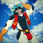 2020 abs anthro belt biped black_body black_fur blue_clothing blue_hat blue_headwear bovid bovine bulge cattle chaps cheek_tuft clothed clothing cloud cowboy_hat digital_media_(artwork) fabfelipe facial_tuft fur fur_tuft gloves handwear hat head_tuft headgear headwear hi_res male mammal multicolored_body multicolored_fur muscular muscular_anthro muscular_male navel nipples open_clothing open_mouth open_smile open_topwear open_vest pecs pink_nipples pink_tongue red_clothing red_thong red_topwear red_underwear red_vest sky smile solo teeth the_cowlorado_kid thong tongue topwear tuft two_tone_body two_tone_fur underwear vest white_body white_fur wild_west_c.o.w.-boys_of_moo_mesa yellow_clothing yellow_gloves yellow_handwear