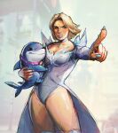  1boy 1girl absurdres angry animal blonde_hair collar emma_frost english_commentary fins fish_tail highres holding holding_animal jeff_the_land_shark marvel nail_polish name_tag neo_jpeg pointing shark shark_fin shark_tail smile superhero_costume tail x-men 