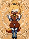 3:4 animal_print animal_print_bikini animal_print_thigh_highs anthro artist_name bell bell_collar big_breasts bikini black_collar black_nose blush border breasts camel_toe canid canine canis clothing collar cow_print cow_print_armwear cow_print_bikini cow_print_thigh_highs cowbell eyelashes eyes_closed eyeshadow fangs female fur genyacero gesture hair hand_gesture hi_res idw_publishing legwear looking_at_viewer makeup mammal navel open_mouth open_smile pattern_bikini pattern_clothing pattern_legwear pattern_swimwear pattern_thigh_highs ponytail sega smile solo sonic_the_hedgehog_(comics) sonic_the_hedgehog_(idw) sonic_the_hedgehog_(series) standing swimwear teeth text thick_thighs thigh_highs two-piece_swimsuit v_sign whisper_the_wolf wide_hips wolf x_logo