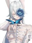  1girl arm_guards armor blue_eyes blue_flower breasts bug butterfly butterfly_on_hand collarbone fingernails flower flower_over_eye grey_hair grey_nails highres lips long_hair medium_breasts original pointing pointing_at_viewer rerebrace sadkoe solo very_long_hair 