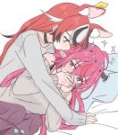  2girls animal_ears black_choker black_hair blue_eyes choker grey_shirt hair_behind_ear hakos_baelz halo heterochromia hololive hololive_english horns irys_(hololive) licking licking_ear long_hair long_sleeves mouse_ears multicolored_hair multiple_girls on_bed pantyhose pillow pink_eyes purple_pantyhose ramphastostella red_hair saliva shirt streaked_hair tongue tongue_out virtual_youtuber white_hair yuri 