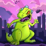 1:1 3_toes absurd_res ambiguous_gender anthro biped claws cloud crazydrak dinosaur fangs featureless_crotch feet green_body green_tail hi_res narrowed_eyes nickelodeon open_mouth orange_eyes outside prehistoric_species purple_tongue reptar reptile rugrats scalie signature skyline solo tail teeth toes tongue white_claws