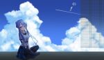  1girl black_pantyhose blue_hair blue_skirt blue_sky braid breasts cloud commentary_request contrail cropped_shirt crown_braid cumulonimbus_cloud day frilled_skirt frilled_sleeves frills full_body hair_between_eyes hair_bun highres indian_style long_hair looking_at_viewer medium_breasts midriff no_shoes open_mouth outdoors pantyhose red_eyes shirt shootinghaze short_sleeves sidelocks single_hair_bun sitting skirt sky solo sorakado_ao summer_pockets very_long_hair white_shirt 