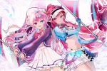  2girls blue_eyes breasts cardigan fingerless_gloves flag gloves heterochromia high-waist_panties highres hololive hololive_english irys_(hololive) irys_(irys_2.0)_(hololive) medium_breasts midriff multiple_girls nail_polish official_alternate_costume open_cardigan open_clothes pink_hair pleated_skirt race_queen red_eyes skirt smile sowon thighs umino_miruku_(irys) virtual_youtuber visor_cap 