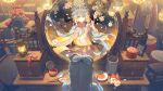  1girl absurdres chinese_clothes cup flower green_eyes hair_ornament hair_rings hanfu highres holding indoors lantern long_hair long_sleeves looking_at_viewer mirror original plate polora reflection ribbon table tassel twintails vase very_long_hair white_flower 
