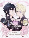  2boys :3 aries20770321 black_gloves black_hair black_jacket black_vest blonde_hair blue_eyes camera closed_mouth falling_petals final_fantasy final_fantasy_xv fingerless_gloves fish fishing_rod flower freckles gloves hair_between_eyes happy_valentine heart heart_hands heart_hands_duo highres holding holding_camera holding_fishing_rod jacket male_focus multiple_boys noctis_lucis_caelum parted_lips petals pink_flower pink_petals pink_rose prompto_argentum rose smile sparkle spiked_hair upper_body vest yaoi 