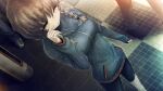  1girl 2others amane_suzuha bike_shorts blue_jacket braid breasts brown_hair crying crying_with_eyes_open dutch_angle finger_to_face from_above frown game_cg hair_between_eyes hair_tie high_collar highres huke jacket light_blush long_sleeves looking_down medium_breasts multiple_others official_art ringed_eyes sad sleeves_past_wrists solo square_pupils standing steins;gate tearing_up tears tile_floor tiles track_jacket twin_braids twintails yellow_eyes zipper zipper_pull_tab 