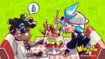  2boys aqua_hair asymmetrical_hair backwards_hat baseball_cap berry black_bridal_gauntlets black_gloves black_hood black_hoodie black_sleeves black_sweater blue_eyes blue_pupils blueberry bridal_gauntlets chair character_background cherry child chocolate_syrup coat cookie copyright_name cup dark-skinned_male dark_skin diner dreadlocks english_commentary fingerless_gloves food from_above from_side fruit gloves green_background grey_sleeve_cuffs gumchi gungho hair_tie halftone halftone_background hand_on_table hat high_collar holding holding_spoon hood hood_down hoodie kappei_(ninjala) kinky_hair kiwi_(fruit) kiwi_slice logo long_sleeves male_focus medium_hair multiple_boys napkin ninjala nose_tape official_art on_chair open_mouth outline pocky polka_dot polka_dot_background popped_collar profile puffy_long_sleeves puffy_sleeves purple_outline rianti-wong ron_(ninjala) scar scar_on_cheek scar_on_face second-party_source short_hair shuriken sidecut sideways_mouth sleeves_rolled_up spoken_sweatdrop spoon strawberry strawberry_slice sweatdrop sweater sweets table teeth tongue two-sided_coat two-sided_fabric undercut upper_teeth_only wafer_stick weapon web_address white_coat white_hat white_sleeves yellow_eyes yellow_pupils zipper 