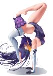  1girl absurdres bare_shoulders barefoot benchikart blue_eyes breasts elbow_gloves flexible gloves handstand highres hololive hololive_english leotard long_hair ninomae_ina&#039;nis profile purple_eyes purple_leotard shadow simple_background single_glove single_thighhigh small_breasts solo strapless strapless_leotard takodachi_(ninomae_ina&#039;nis) thighhighs uwu white_background 
