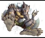 2025 anthro big_tail bottomwear capcom claws clothed clothing electricity electricity_manipulation elemental_manipulation fan_character fanged_wyvern feet foot_focus full_foot_pawpads full_pad fuse_(razim) grey_body grey_scales kredri lunagaron male monster_hunter orange_body orange_eyes orange_scales padded_palms paws scales scalie shorts shorts_only spikes tail tobi-kadachi tobi-lunagaron toe_claws topless