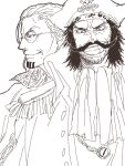  2boys ascot beard_stubble clenched_teeth coat facial_hair glasses gol_d._roger greyscale hair_slicked_back hat kaoru. looking_at_viewer male_focus monochrome multiple_boys mustache one_piece pirate_hat silvers_rayleigh simple_background stubble teeth 